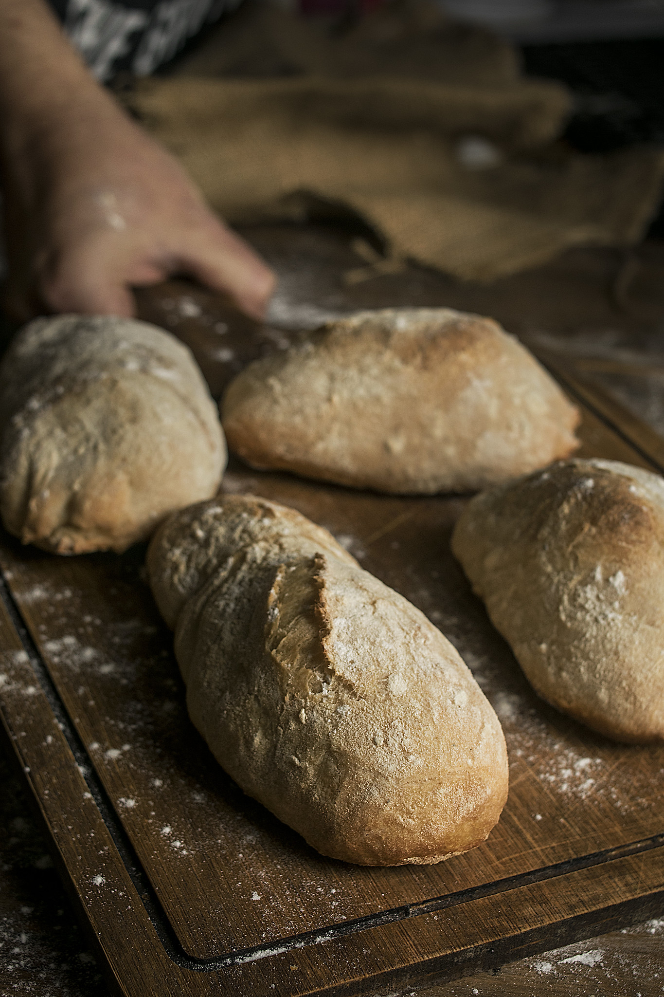 Rustic no-knead ciabatta rolls cooling on a flour-dusted wooden board.